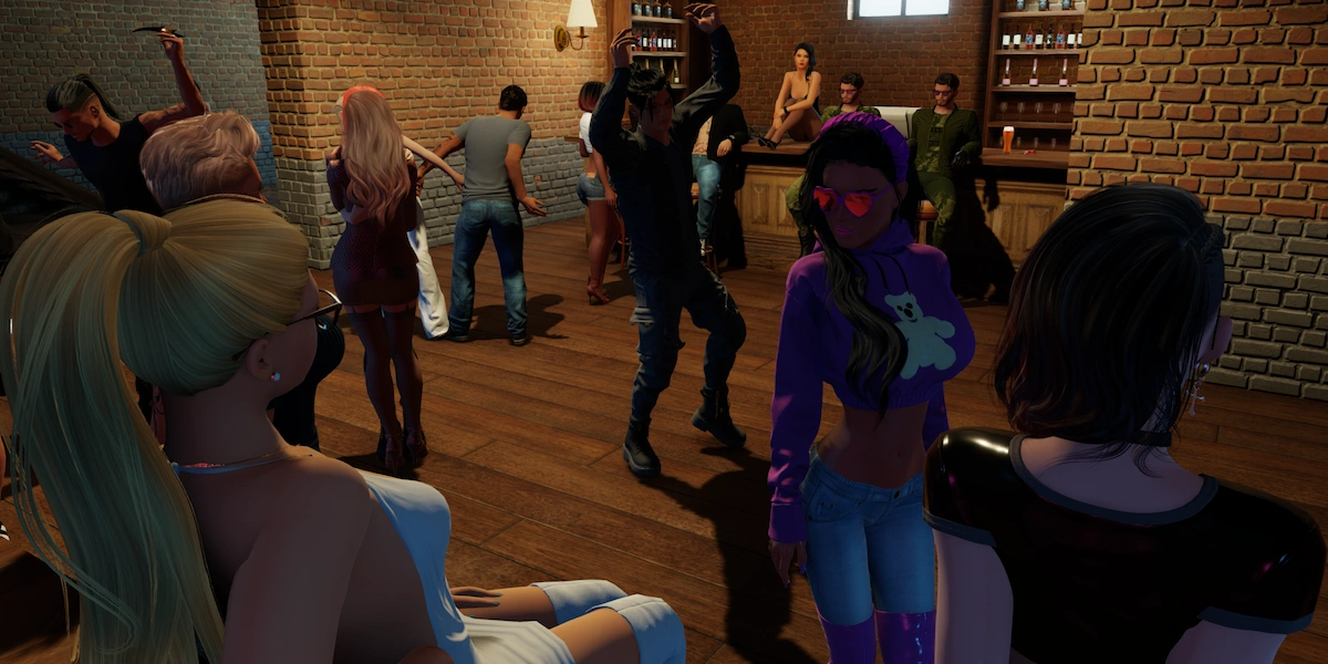 A bar scene in 3DXChat where players hang out and dance