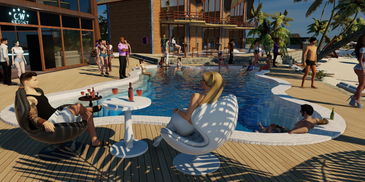 Many avatars chilling in a resort club in 3DXChat