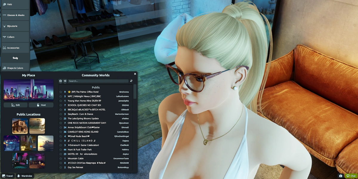3DXChat travel menu showing available locations